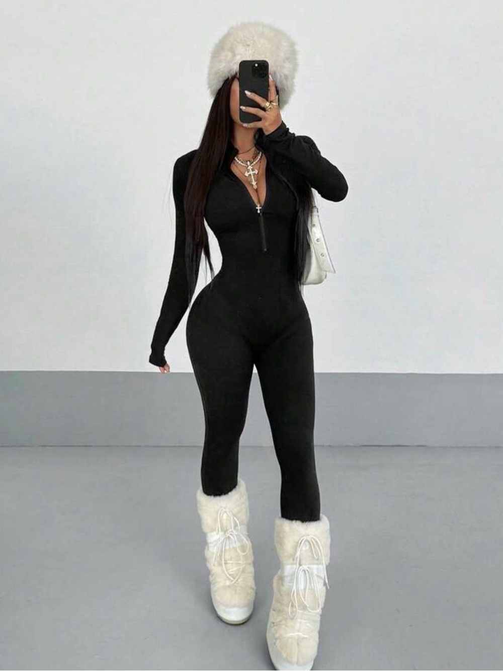 SHEIN Black Zip-Front Long-Sleeve Jumpsuit